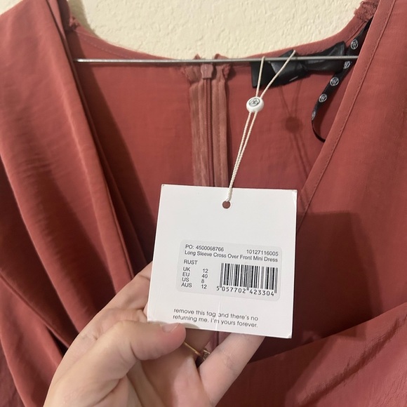 NWT Missguided Long Sleeve Cross Over  Mini Dress Pink Rust Formal Party Sz 8 - Picture 7 of 11